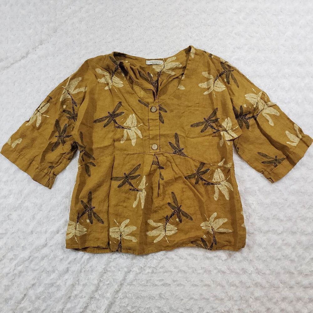 Viola Borghi womens small linen mustard gold dragonfly top Made in Italy